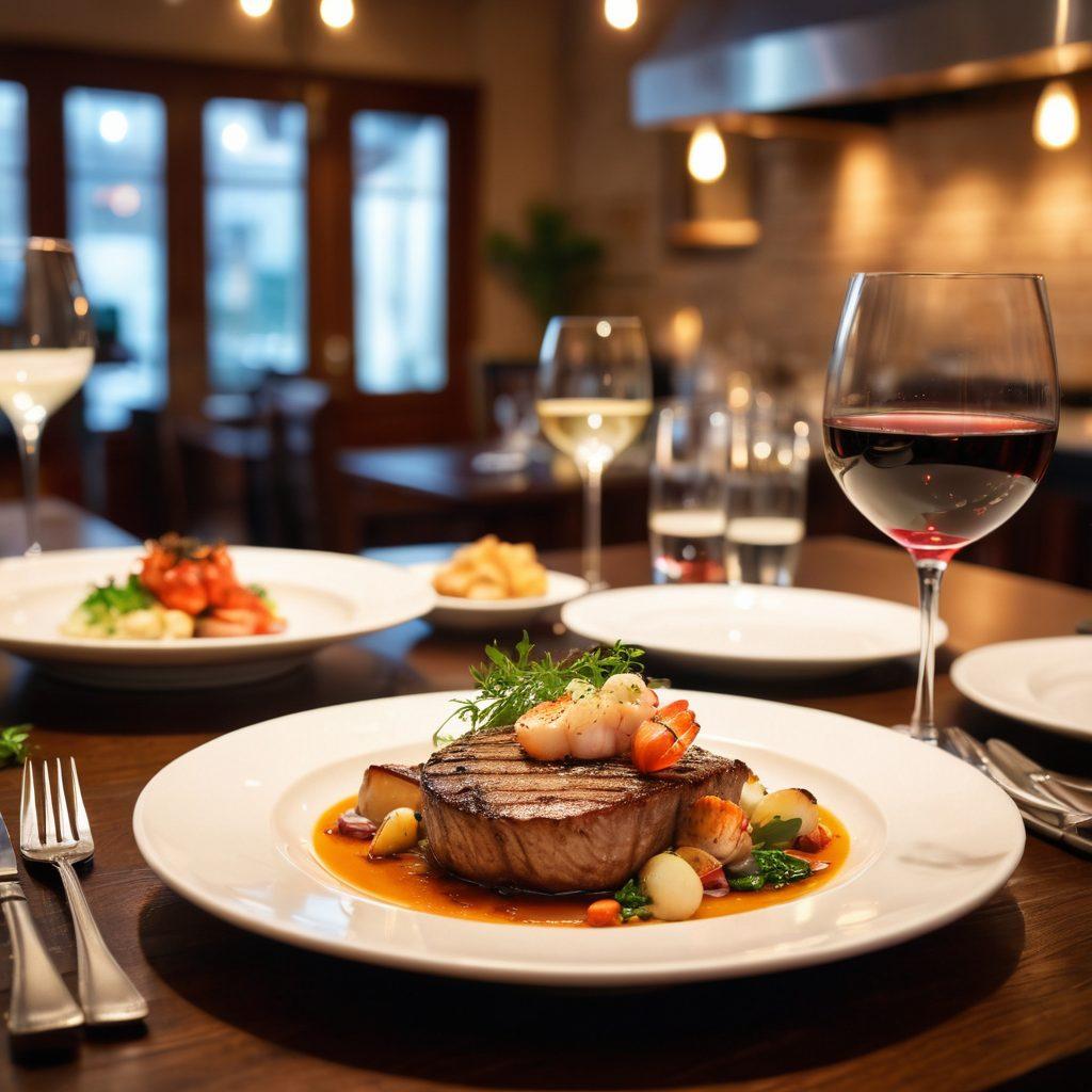 A beautifully set table in a gourmet restaurant showcasing a luxurious dining experience. On one side, a perfectly cooked steak with garnishes, and on the other, an elegant seafood dish like lobster or scallops, steam rising. Ambient lighting creates a warm atmosphere with wine glasses and fine cutlery. Soft, blurred backgrounds of a bustling kitchen and happy diners. super-realistic. vibrant colors. warm lighting.