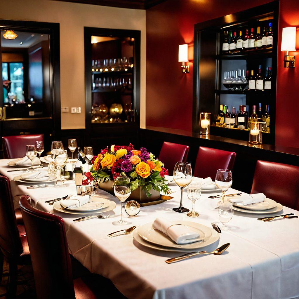 A beautifully set dining table at Ruth's Chris, adorned with elegant tableware and a stunning centerpiece of colorful flowers. Include a selection of exquisite wine bottles paired with vibrant, delicious-looking dishes. The ambiance should reflect warmth and cheerfulness, with soft golden lighting creating a cozy atmosphere. Add a couple enjoying their meal, to convey a sense of joy and connection. super-realistic. vibrant colors. warm lighting.