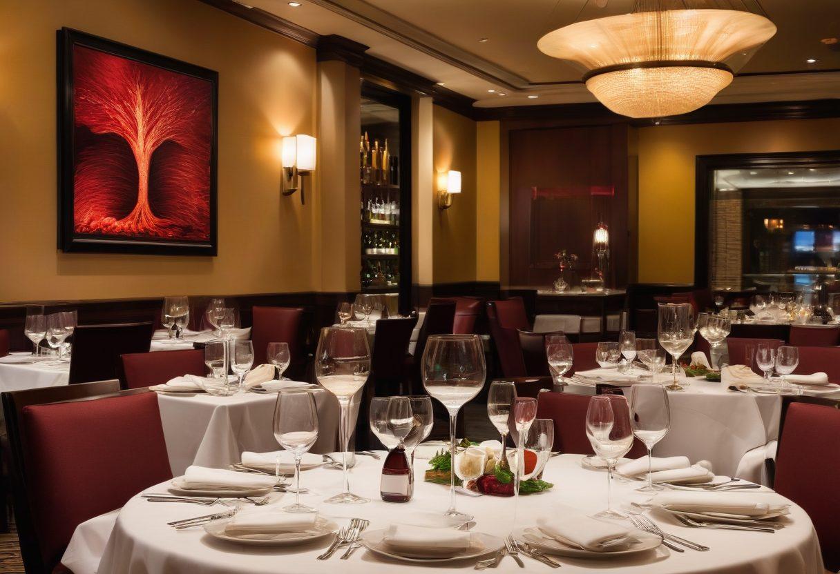 A beautifully set table at Ruth's Chris Steak House with rich mahogany accents, displaying mouth-watering steaks, vibrant side dishes, and elegant wine glasses. Soft, ambient lighting casts a warm glow over the scene, enhancing the inviting atmosphere. Include a smiling couple enjoying their meal in the background, capturing the essence of joy and indulgence in dining. super-realistic. warm colors. elegant ambiance.